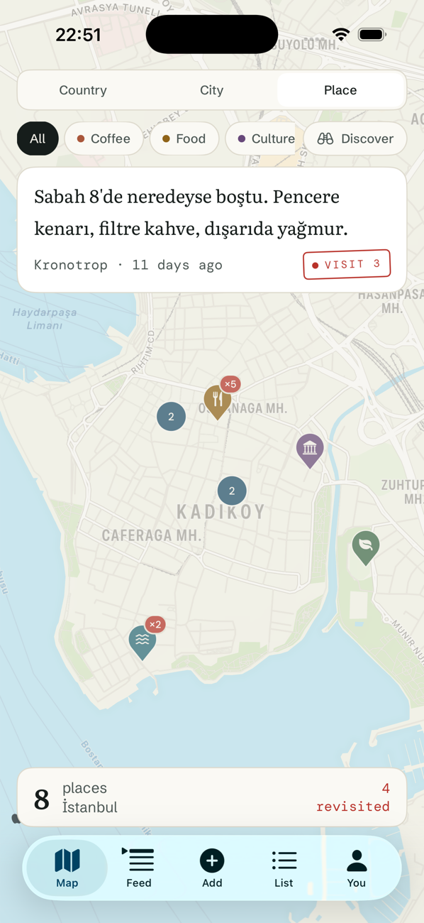 Mapento map screen: category pins around Kadıköy with a note card on top