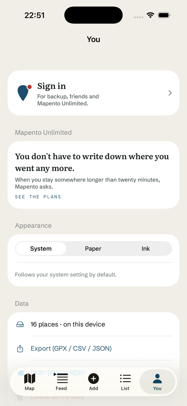 The You screen: account, appearance preference and export options