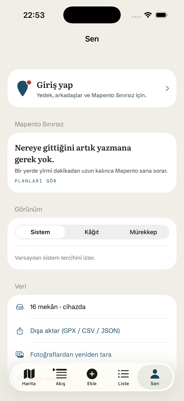 Sen ekranı: hesap, görünüm tercihi ve dışa aktarma seçenekleri